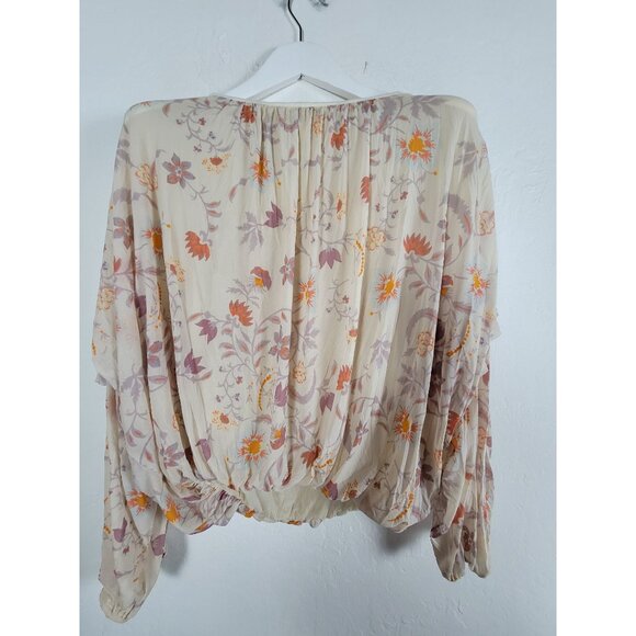 Free People Womens Floral Print Sheer Peasant Blouse Medium Beige Orange Boho - Picture 3 of 9